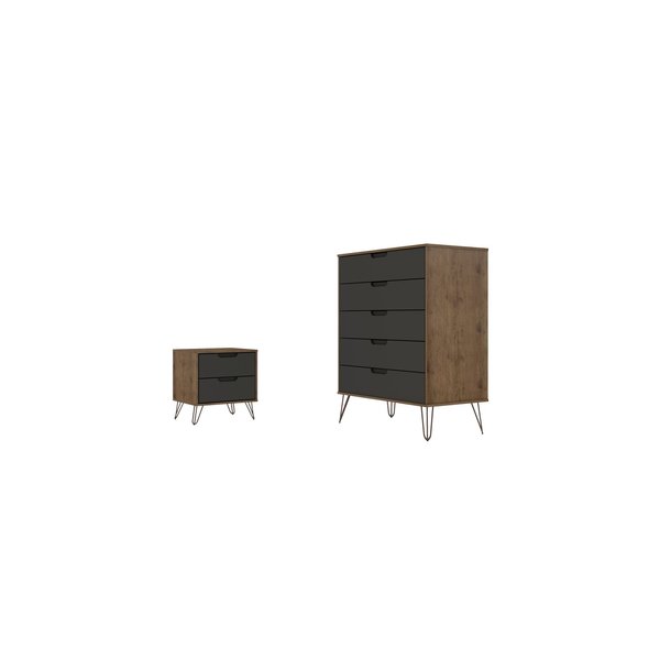 Manhattan Comfort Rockefeller Tall 5-Drawer Dresser and 2-Drawer Nightstand in Nature and Textured Grey 179GMC7